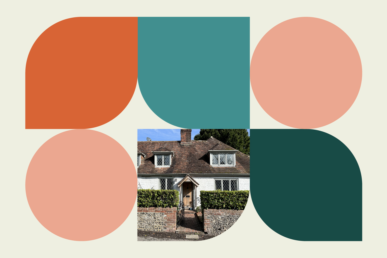 A semi detached cottage with a green hedge